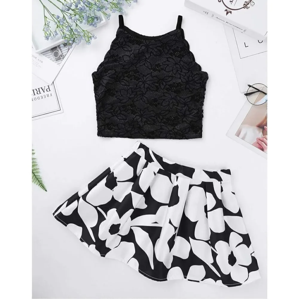 BCX Masy’s Girls 2-Pc Scalloped Top & Floral-Print Skirt Set Sz 14 Black White